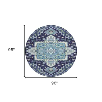 8' Navy Blue Ivory And Black Round Oriental Washable Indoor Outdoor Area Rug