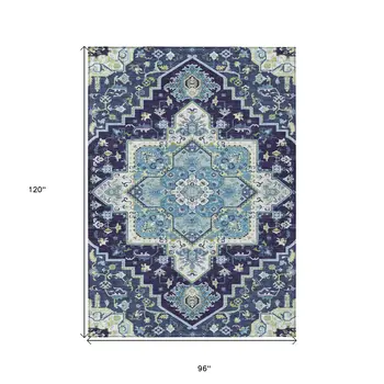 8' X 10' Navy Blue Ivory And Black Oriental Washable Indoor Outdoor Area Rug