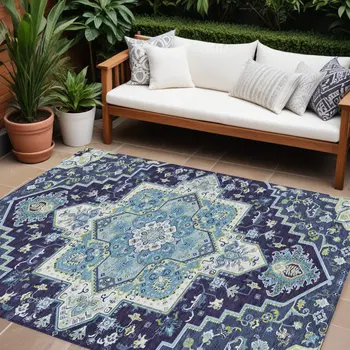 8' X 10' Navy Blue Ivory And Black Oriental Washable Indoor Outdoor Area Rug