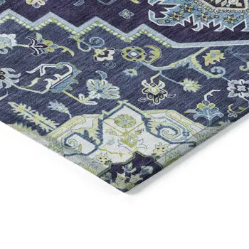 8' X 10' Navy Blue Ivory And Black Oriental Washable Indoor Outdoor Area Rug