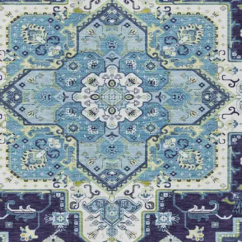 8' X 10' Navy Blue Ivory And Black Oriental Washable Indoor Outdoor Area Rug