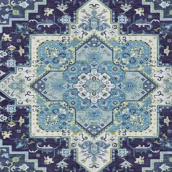 10' X 14' Navy Blue Ivory And Black Oriental Washable Indoor Outdoor Area Rug