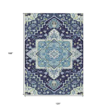 10' X 14' Navy Blue Ivory And Black Oriental Washable Indoor Outdoor Area Rug
