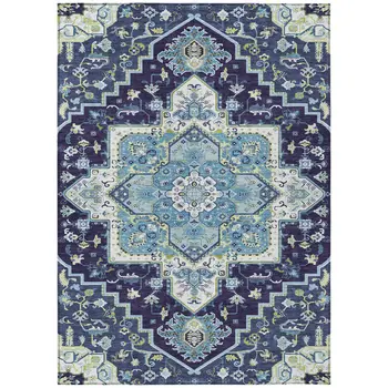 10' X 14' Navy Blue Ivory And Black Oriental Washable Indoor Outdoor Area Rug