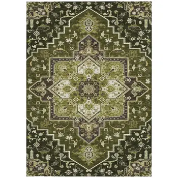 3' X 5' Olive Green Ivory And Brown Oriental Washable Indoor Outdoor Area Rug
