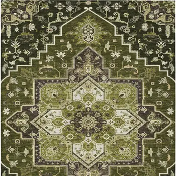5' X 8' Olive Green Ivory And Brown Oriental Washable Indoor Outdoor Area Rug