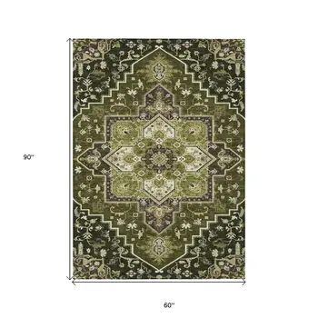 5' X 8' Olive Green Ivory And Brown Oriental Washable Indoor Outdoor Area Rug