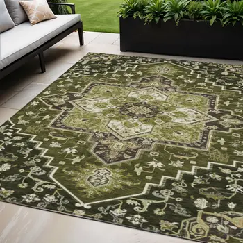 5' X 8' Olive Green Ivory And Brown Oriental Washable Indoor Outdoor Area Rug