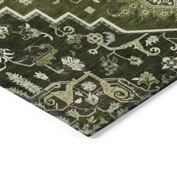5' X 8' Olive Green Ivory And Brown Oriental Washable Indoor Outdoor Area Rug
