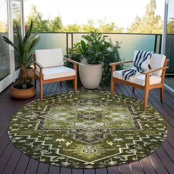 8' Olive Green Ivory And Brown Round Oriental Washable Indoor Outdoor Area Rug