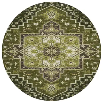 8' Olive Green Ivory And Brown Round Oriental Washable Indoor Outdoor Area Rug