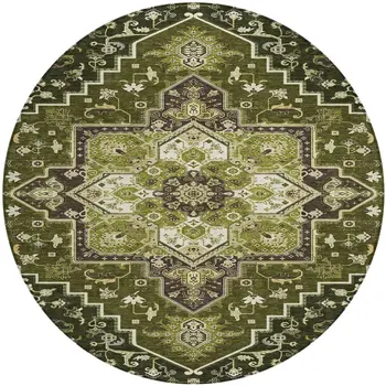 8' Olive Green Ivory And Brown Round Oriental Washable Indoor Outdoor Area Rug