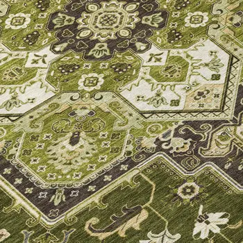 8' Olive Green Ivory And Brown Round Oriental Washable Indoor Outdoor Area Rug