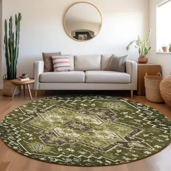 8' Olive Green Ivory And Brown Round Oriental Washable Indoor Outdoor Area Rug