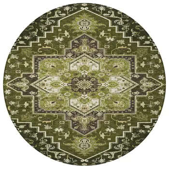 8' Olive Green Ivory And Brown Round Oriental Washable Indoor Outdoor Area Rug