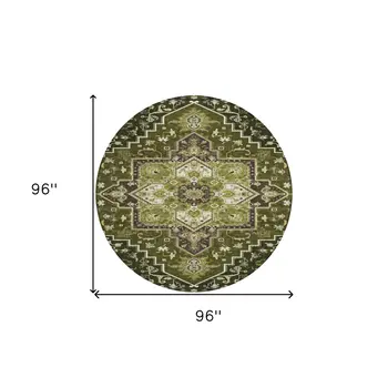 8' Olive Green Ivory And Brown Round Oriental Washable Indoor Outdoor Area Rug