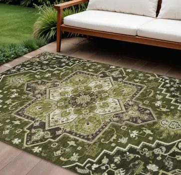 8' X 10' Olive Green Ivory And Brown Oriental Washable Indoor Outdoor Area Rug