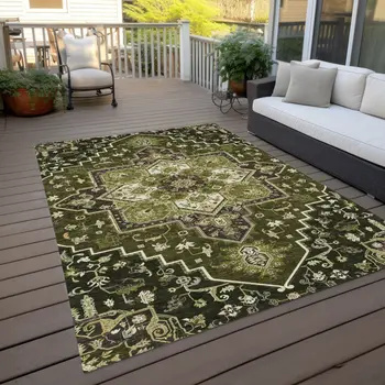 8' X 10' Olive Green Ivory And Brown Oriental Washable Indoor Outdoor Area Rug