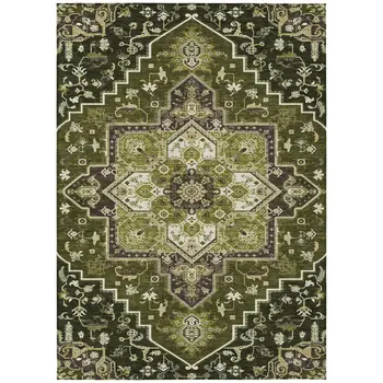 8' X 10' Olive Green Ivory And Brown Oriental Washable Indoor Outdoor Area Rug