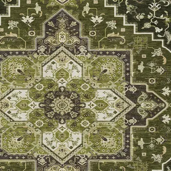 8' X 10' Olive Green Ivory And Brown Oriental Washable Indoor Outdoor Area Rug