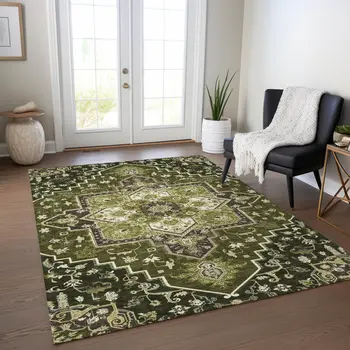 8' X 10' Olive Green Ivory And Brown Oriental Washable Indoor Outdoor Area Rug