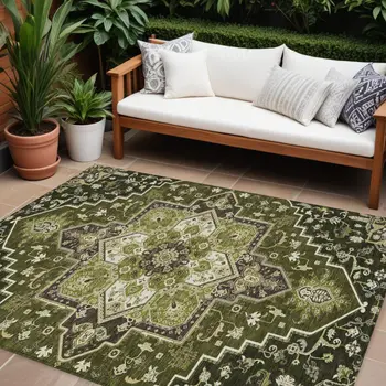 9' X 12' Olive Green Ivory And Brown Oriental Washable Indoor Outdoor Area Rug