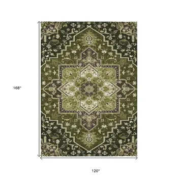 10' X 14' Olive Green Ivory And Brown Oriental Washable Indoor Outdoor Area Rug