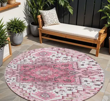 8' Pink Ivory And Gray Round Oriental Washable Indoor Outdoor Area Rug