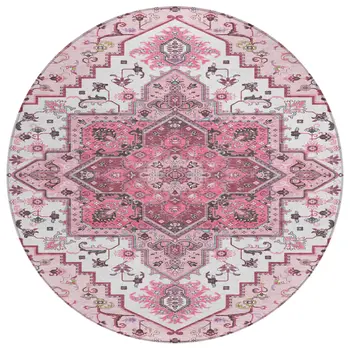 8' Pink Ivory And Gray Round Oriental Washable Indoor Outdoor Area Rug