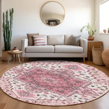8' Pink Ivory And Gray Round Oriental Washable Indoor Outdoor Area Rug