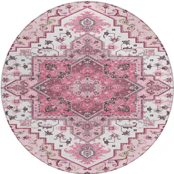 8' Pink Ivory And Gray Round Oriental Washable Indoor Outdoor Area Rug