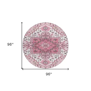8' Pink Ivory And Gray Round Oriental Washable Indoor Outdoor Area Rug