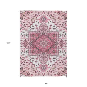 8' X 10' Pink Ivory And Gray Oriental Washable Indoor Outdoor Area Rug
