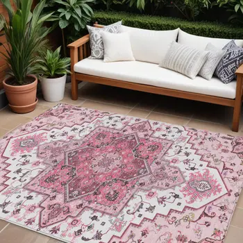 8' X 10' Pink Ivory And Gray Oriental Washable Indoor Outdoor Area Rug
