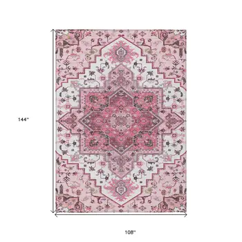 9' X 12' Pink Ivory And Gray Oriental Washable Indoor Outdoor Area Rug