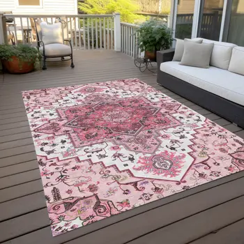 10' X 14' Pink Ivory And Gray Oriental Washable Indoor Outdoor Area Rug
