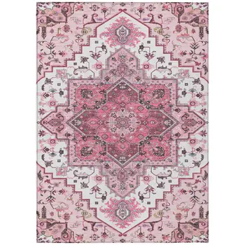 10' X 14' Pink Ivory And Gray Oriental Washable Indoor Outdoor Area Rug