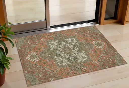 3' X 5' Rust Green And Brown Oriental Washable Indoor Outdoor Area Rug