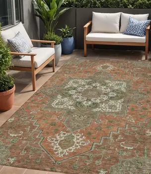 5' X 8' Rust Green And Brown Oriental Washable Indoor Outdoor Area Rug