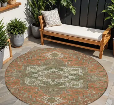 8' Rust Green And Brown Round Oriental Washable Indoor Outdoor Area Rug