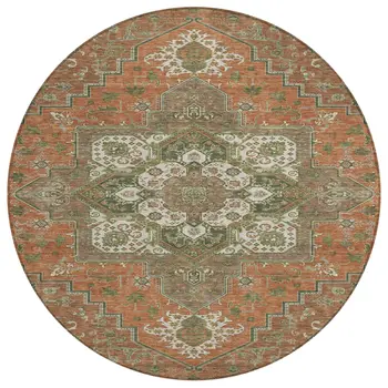 8' Rust Green And Brown Round Oriental Washable Indoor Outdoor Area Rug