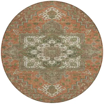 8' Rust Green And Brown Round Oriental Washable Indoor Outdoor Area Rug