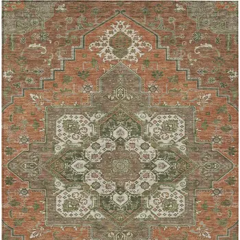 8' X 10' Rust Green And Brown Oriental Washable Indoor Outdoor Area Rug