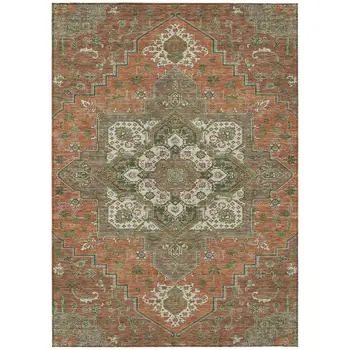 8' X 10' Rust Green And Brown Oriental Washable Indoor Outdoor Area Rug