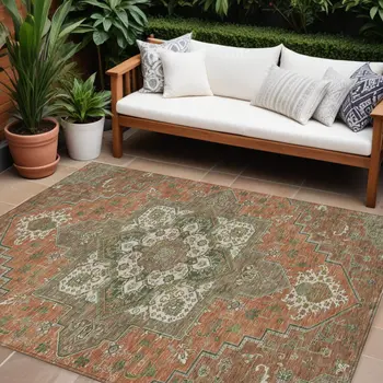 9' X 12' Rust Green And Brown Oriental Washable Indoor Outdoor Area Rug