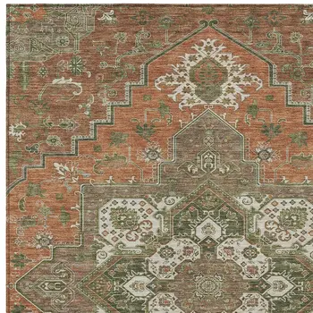 10' X 14' Rust Green And Brown Oriental Washable Indoor Outdoor Area Rug
