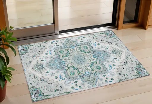 3' X 5' Silver Ivory And Green Oriental Washable Indoor Outdoor Area Rug