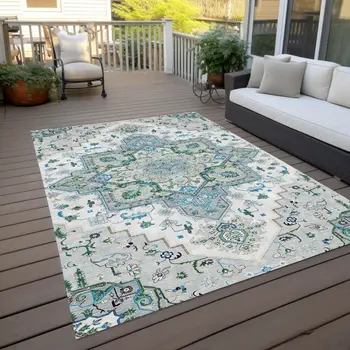 3' X 5' Silver Ivory And Green Oriental Washable Indoor Outdoor Area Rug