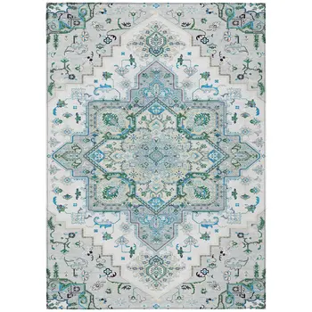 3' X 5' Silver Ivory And Green Oriental Washable Indoor Outdoor Area Rug