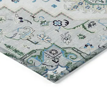 3' X 5' Silver Ivory And Green Oriental Washable Indoor Outdoor Area Rug